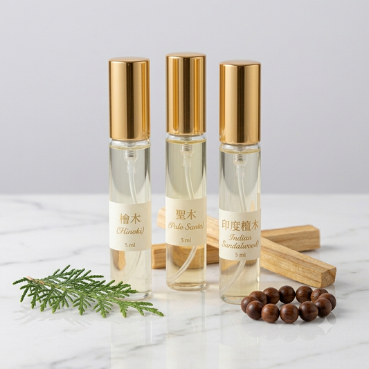 The Room Spray Trio (3 x 5ml) Discovery Set  (Hinoki, Palo Santo, Indian Sandalwood)